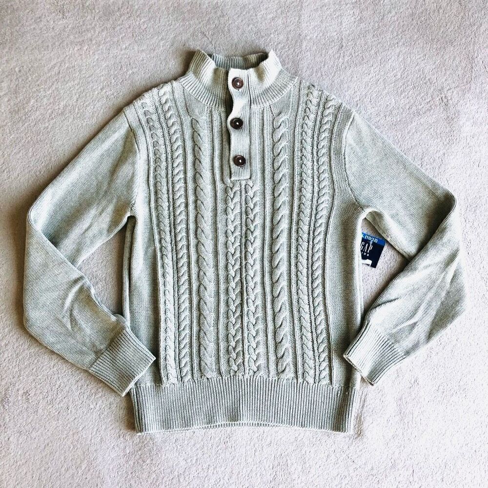 Gap Kids Light Grey Cotton 3/4 Button Up Mock Cable Sweater